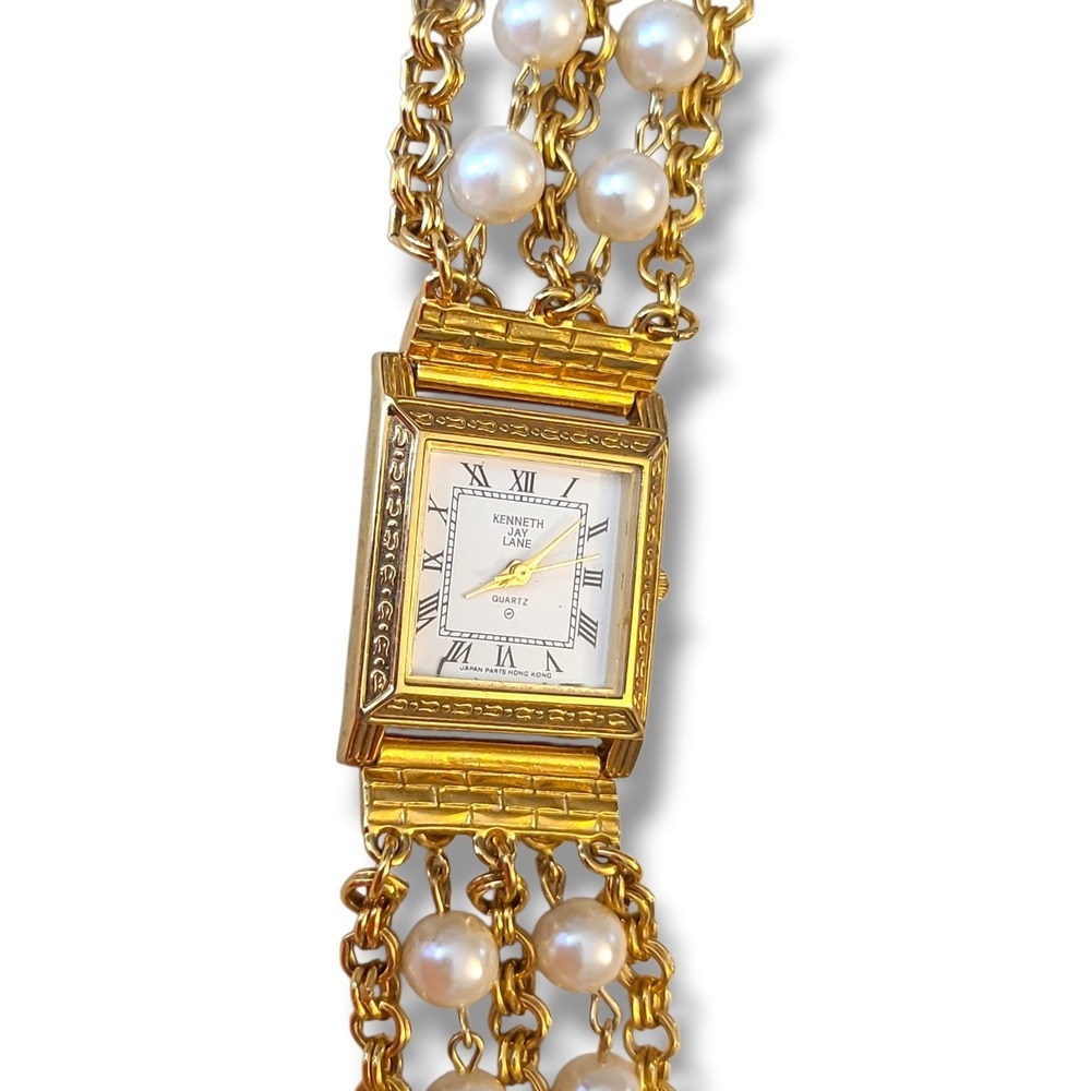 Vintage Kenneth Jay Lane Faux Pearl Multi Strand Bracelet Watch KJL New Battery - Picture 9 of 12